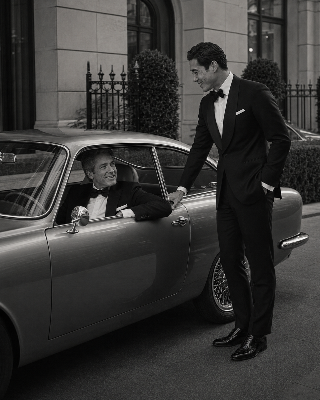 A Carelli gentleman arriving by classic motorcar in black tie